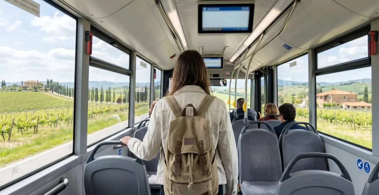 Person seen from behind approaching or boarding a modern comfortable bus, Tuscan countryside visible through large windows, contemporary travel moment, natural candid shot