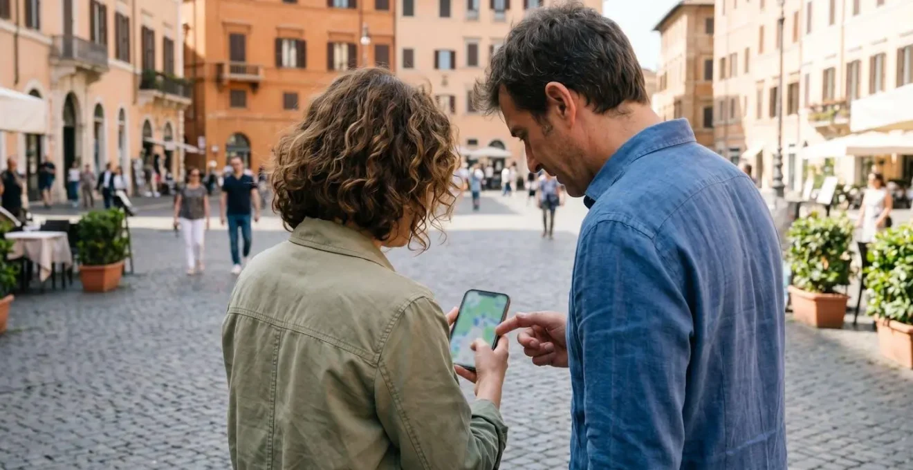 Two people viewed from over the shoulder consulting a smartphone together outdoors in a sunny Italian plaza, contemporary casual clothing, natural candid interaction