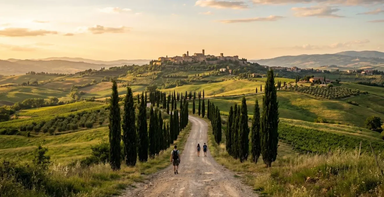 Rolling hills covered in green vegetation with distinctive dark cypress trees lining a winding road, medieval stone town visible on distant hilltop under golden afternoon sunlight
