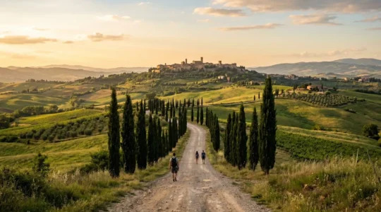 Rolling hills covered in green vegetation with distinctive dark cypress trees lining a winding road, medieval stone town visible on distant hilltop under golden afternoon sunlight