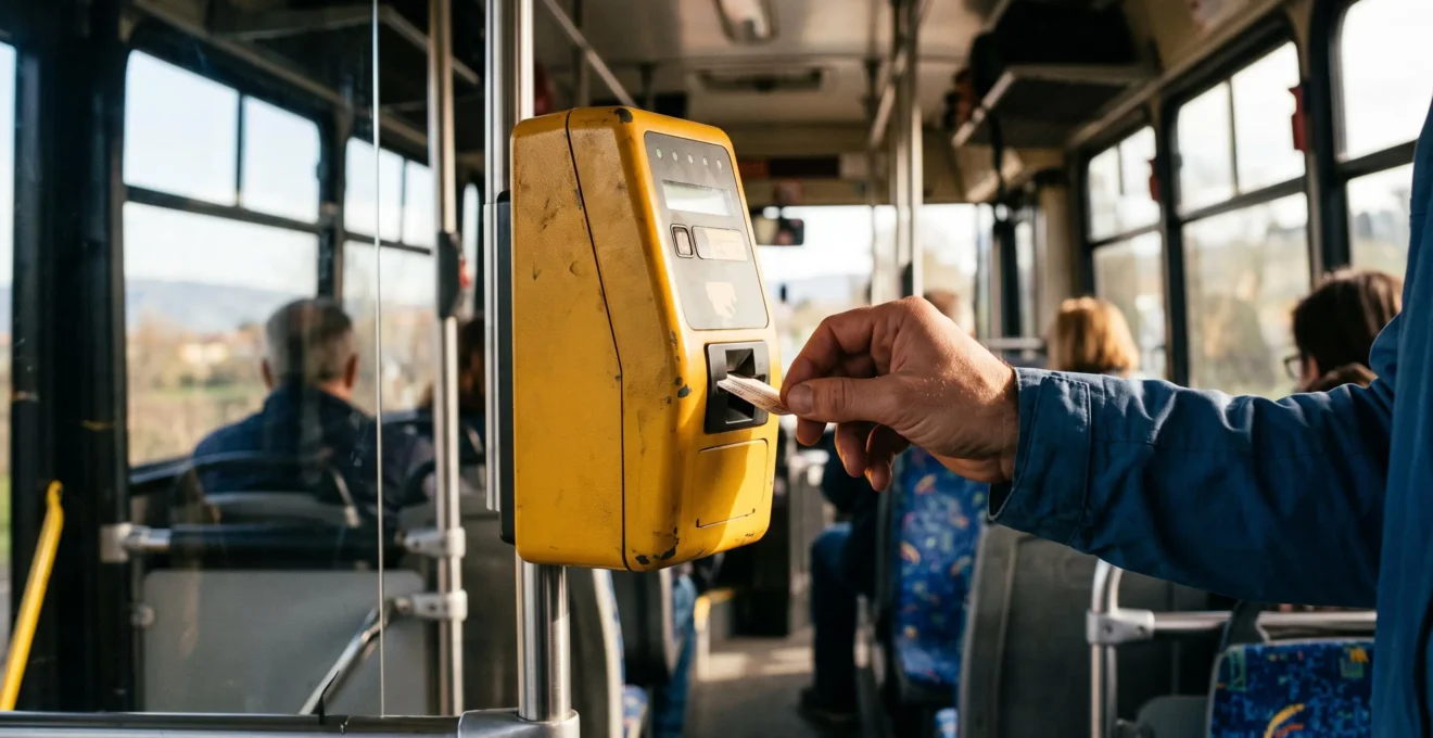Traveler's hand inserting a paper ticket into a yellow validation machine inside a regional bus