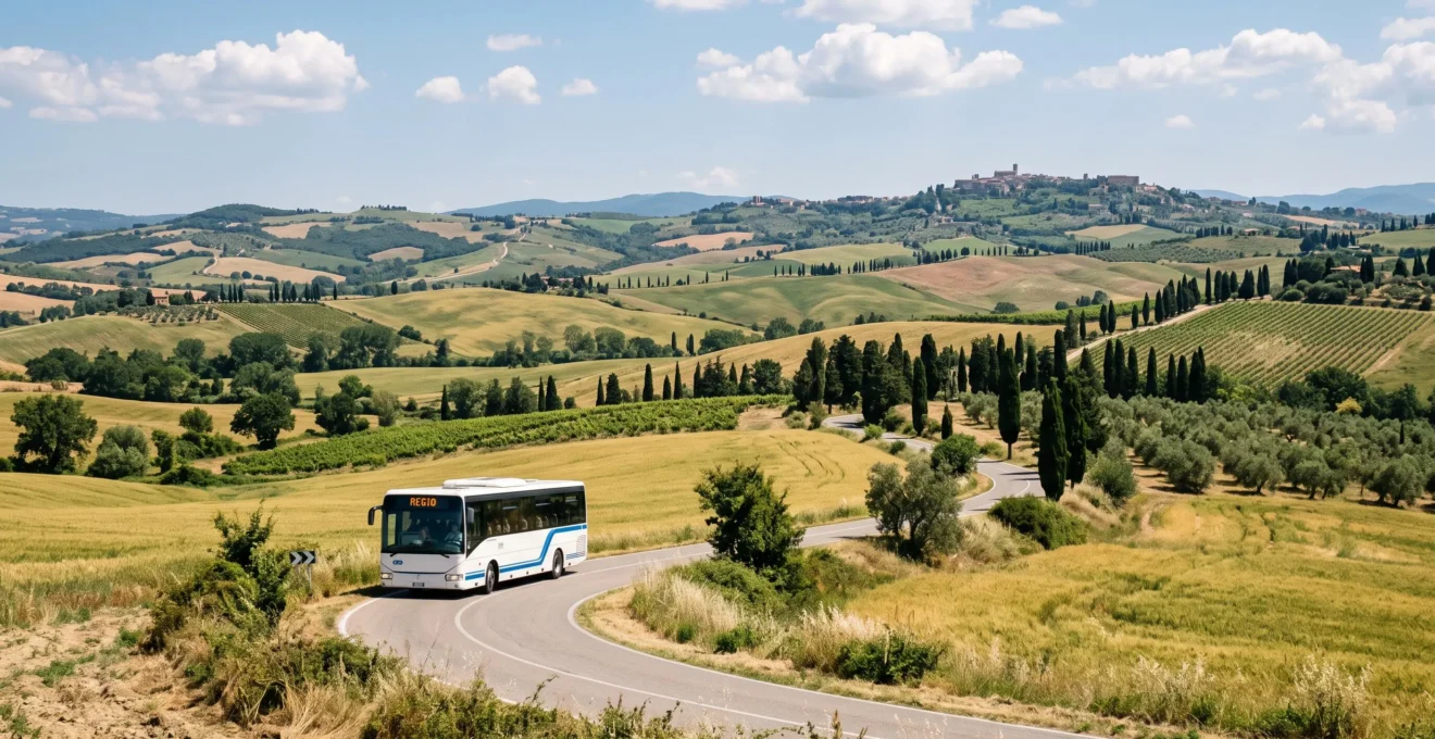 Regional bus driving through Tuscan countryside with rolling hills, cypress trees, and vineyards along a winding road