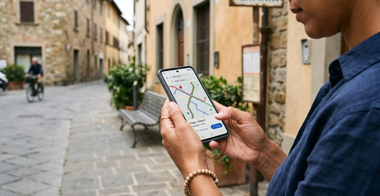 Traveler's hands holding a smartphone showing a public transport navigation app with route information