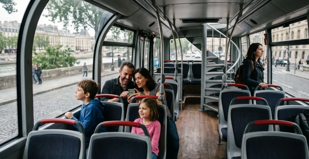 A family sits together on the covered lower deck of a Paris sightseeing bus while another passenger looks out from the open rear section. A family sits together on the covered lower deck of a Paris sightseeing bus while another passenger looks out from the open rear section.