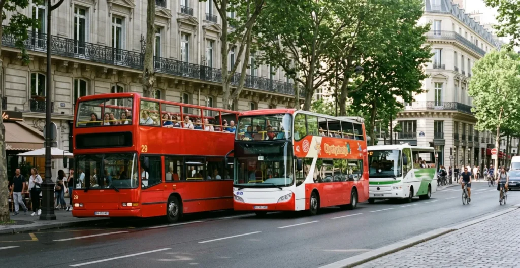 Three different open-top tour buses of varying size and design parked along a Paris street. Three different open-top tour buses of varying size and design parked along a Paris street.