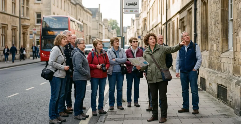 A walking tour guide speaks to a small group of tourists on a Paris street, with a sightseeing bus visible in the background. A walking tour guide speaks to a small group of tourists on a Paris street, with a sightseeing bus visible in the background.