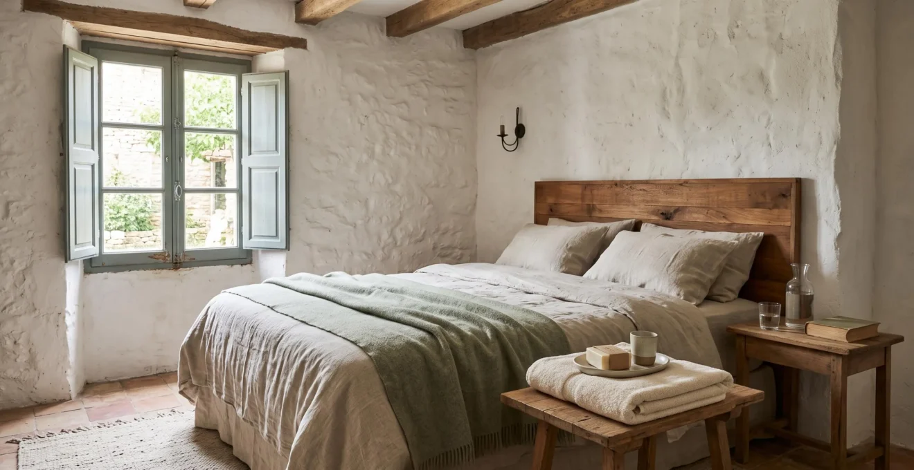 A bright boutique bedroom with linen bedding and an open shutter window.