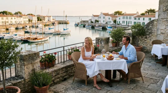 A couple enjoys breakfast on a hotel terrace overlooking a sunny island harbor.