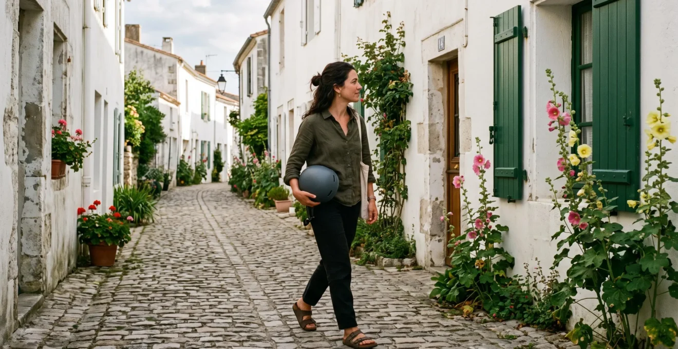 A woman walks through a quiet whitewashed village street with green shutters.